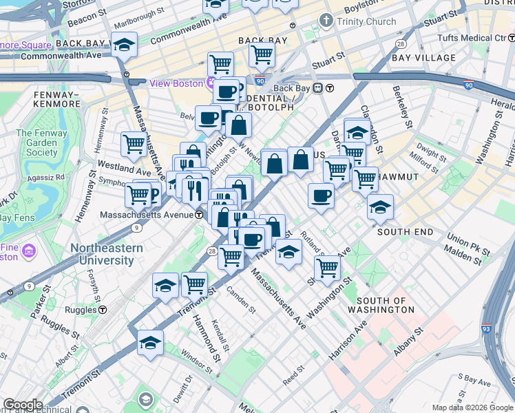 map of restaurants, bars, coffee shops, grocery stores, and more near 525 A Columbus Avenue in Boston