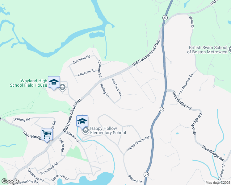 map of restaurants, bars, coffee shops, grocery stores, and more near 11 Old Farm Road in Wayland