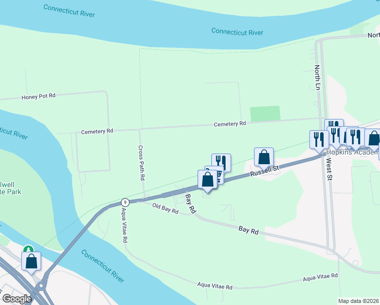 map of restaurants, bars, coffee shops, grocery stores, and more near 35 Cemetery Road in Hadley