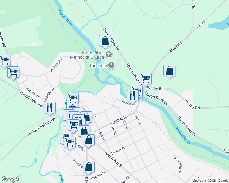 map of restaurants, bars, coffee shops, grocery stores, and more near 8120 Huron Street in Dexter