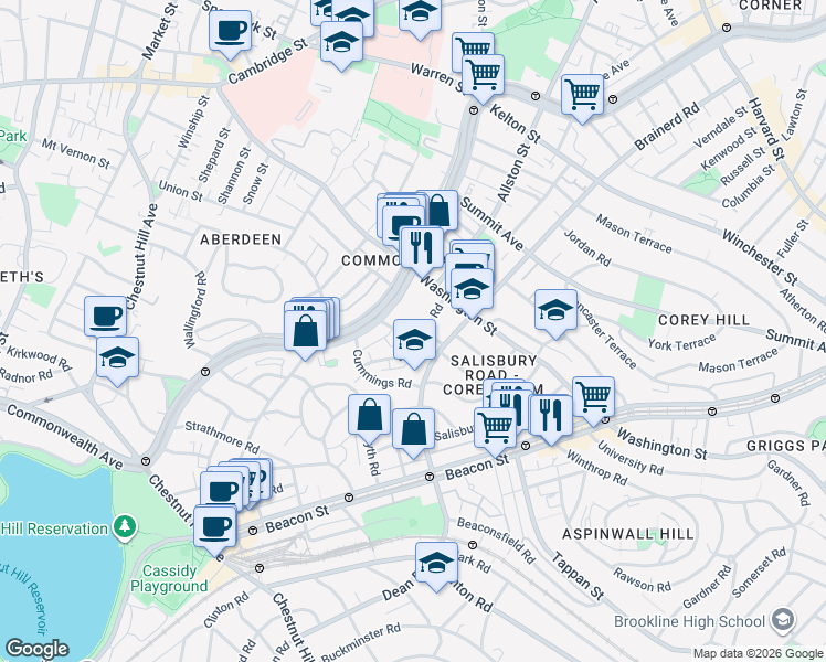 map of restaurants, bars, coffee shops, grocery stores, and more near Mt Hood Rd in Boston