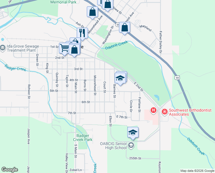 map of restaurants, bars, coffee shops, grocery stores, and more near 364-498 Barnes Street in Ida Grove