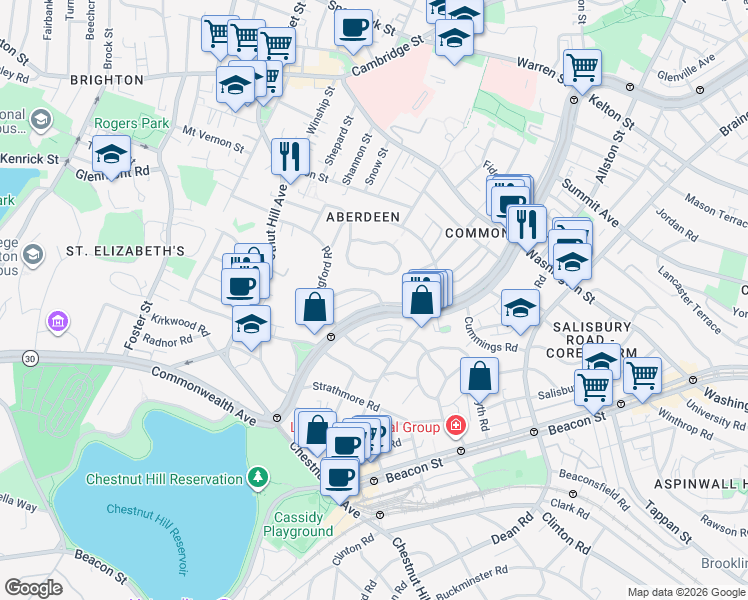 map of restaurants, bars, coffee shops, grocery stores, and more near 14 Leamington Road in Boston