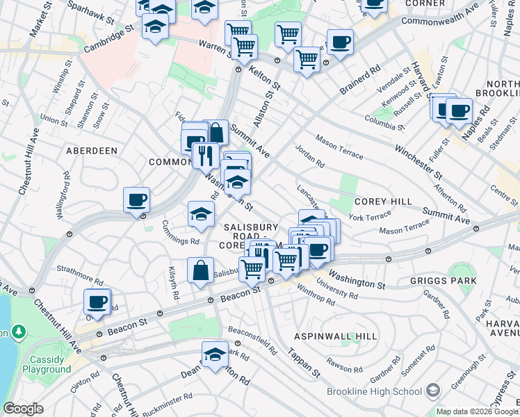 map of restaurants, bars, coffee shops, grocery stores, and more near 28 Bartlett Crescent in Brookline
