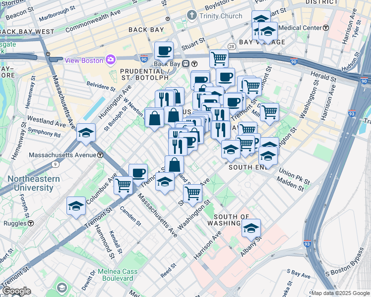 map of restaurants, bars, coffee shops, grocery stores, and more near 83 Pembroke Street in Boston