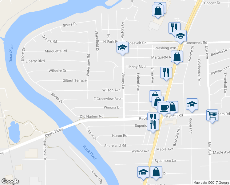 map of restaurants, bars, coffee shops, grocery stores, and more near 243 Wilson Avenue in Machesney Park