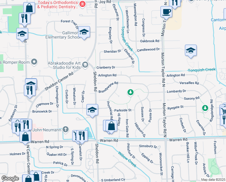 map of restaurants, bars, coffee shops, grocery stores, and more near 7703 Provincial Road in Canton