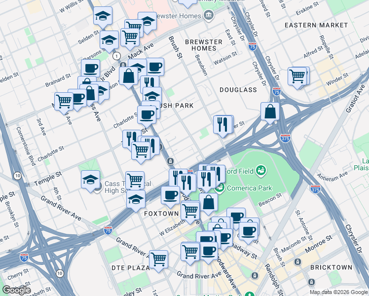 map of restaurants, bars, coffee shops, grocery stores, and more near 123 Winder Street in Detroit