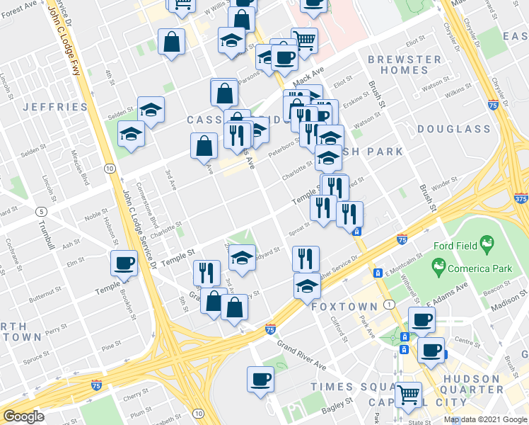 map of restaurants, bars, coffee shops, grocery stores, and more near 408 Temple Street in Detroit