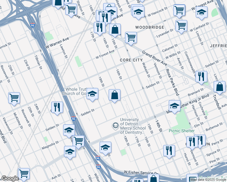 map of restaurants, bars, coffee shops, grocery stores, and more near 3967 17th Street in Detroit