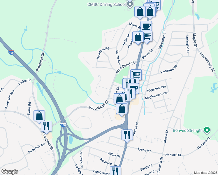 map of restaurants, bars, coffee shops, grocery stores, and more near 92 Woodland Street in West Boylston