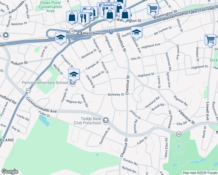 map of restaurants, bars, coffee shops, grocery stores, and more near 95 Prince Street in Newton