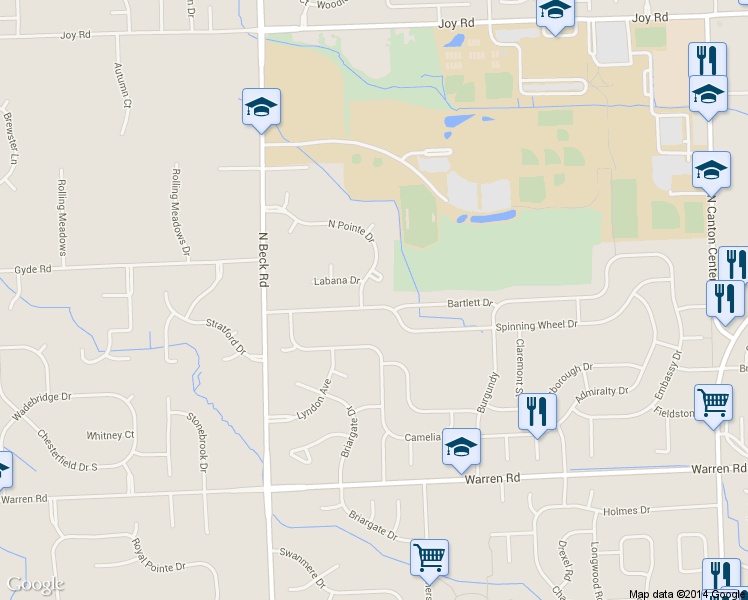 map of restaurants, bars, coffee shops, grocery stores, and more near 47046 Bartlett Drive in Canton