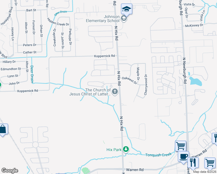 map of restaurants, bars, coffee shops, grocery stores, and more near 7555 Alma Court in Westland