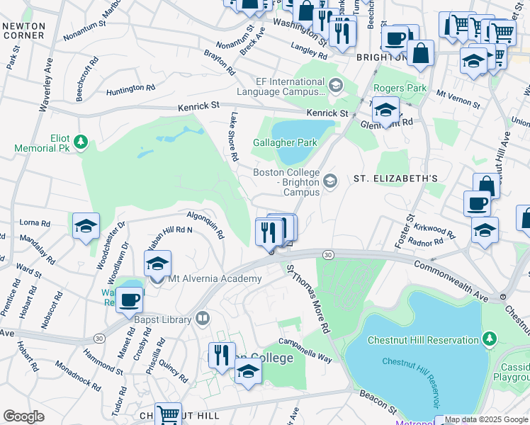 map of restaurants, bars, coffee shops, grocery stores, and more near 30 Undine Road in Boston