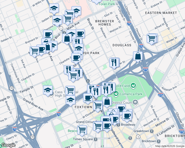 map of restaurants, bars, coffee shops, grocery stores, and more near 123 Winder Street in Detroit