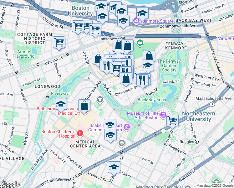 map of restaurants, bars, coffee shops, grocery stores, and more near 105 Queensberry Street in Boston