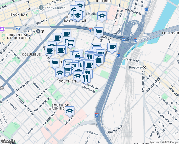 map of restaurants, bars, coffee shops, grocery stores, and more near 485 Harrison Avenue in Boston
