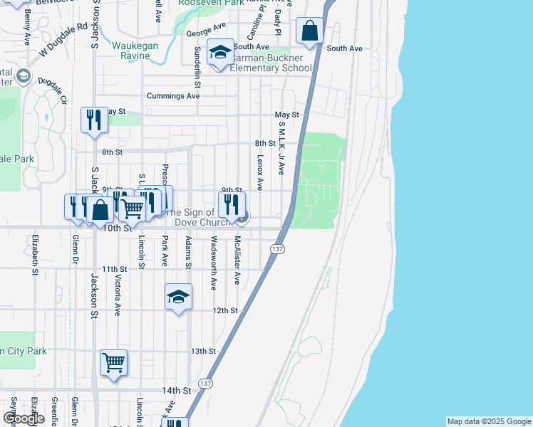 map of restaurants, bars, coffee shops, grocery stores, and more near 932 South Martin Luther King Junior Avenue in Waukegan