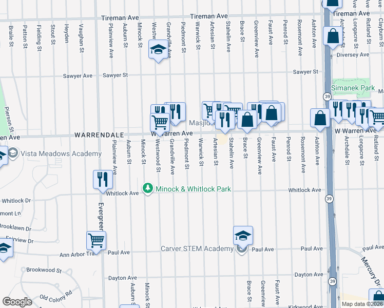 map of restaurants, bars, coffee shops, grocery stores, and more near 6864 Piedmont Street in Detroit