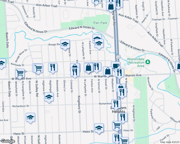 map of restaurants, bars, coffee shops, grocery stores, and more near 7235 Fenton Street in Dearborn Heights