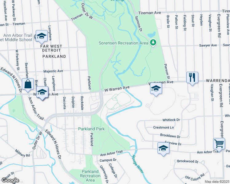 map of restaurants, bars, coffee shops, grocery stores, and more near 21547 West Warren Avenue in Dearborn Heights