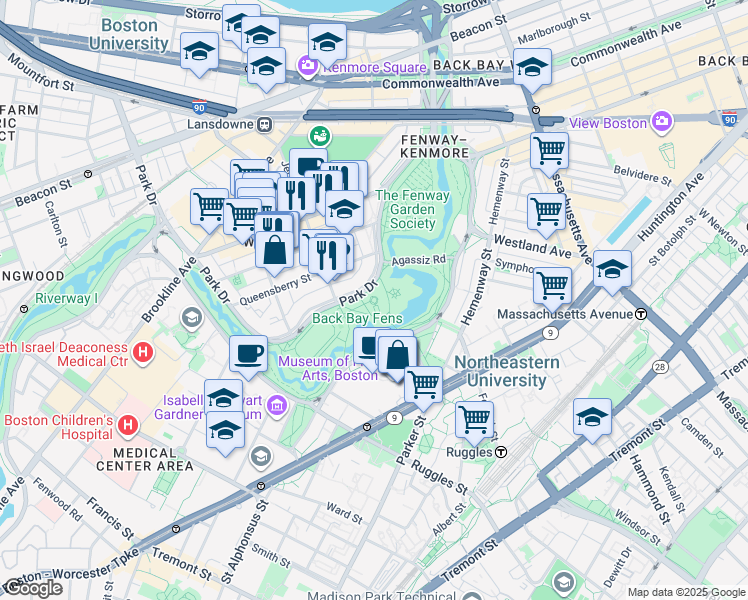 map of restaurants, bars, coffee shops, grocery stores, and more near Emerald Necklace in Boston