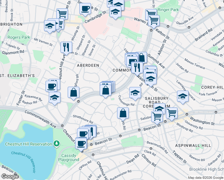 map of restaurants, bars, coffee shops, grocery stores, and more near 1691 Commonwealth Avenue in Boston