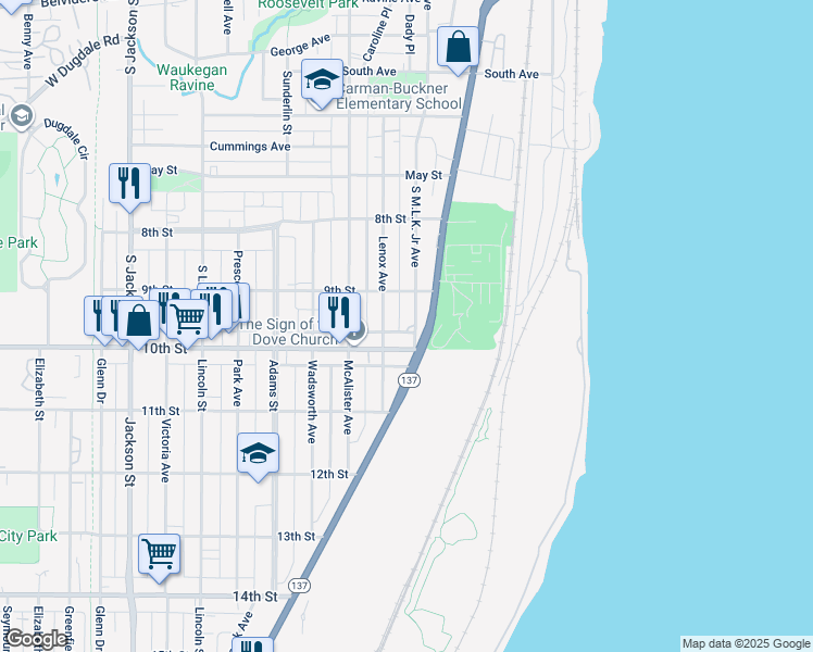 map of restaurants, bars, coffee shops, grocery stores, and more near 932 South Martin Luther King Junior Avenue in Waukegan