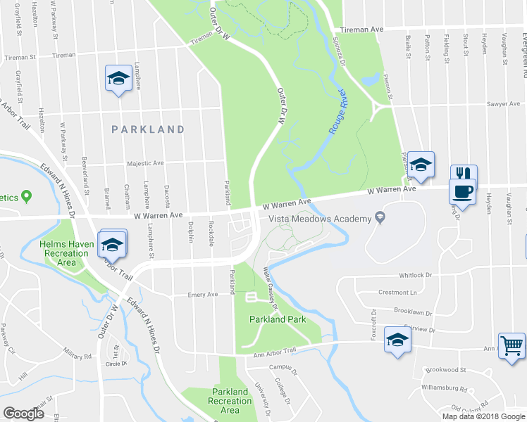 map of restaurants, bars, coffee shops, grocery stores, and more near 21655 West Warren Street in Dearborn Heights