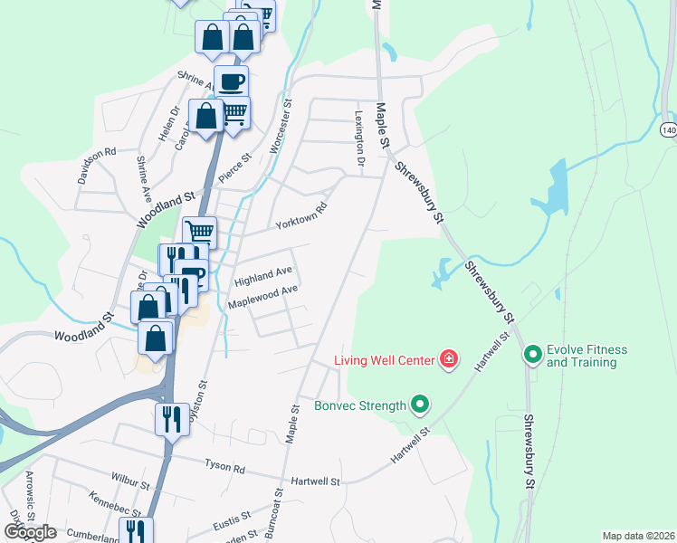 map of restaurants, bars, coffee shops, grocery stores, and more near 258 Maple Street in West Boylston