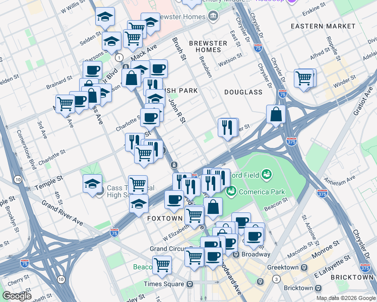 map of restaurants, bars, coffee shops, grocery stores, and more near 34 Adelaide Street in Detroit