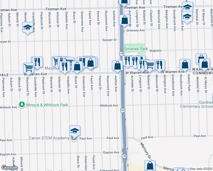 map of restaurants, bars, coffee shops, grocery stores, and more near 6857 Rosemont Avenue in Detroit