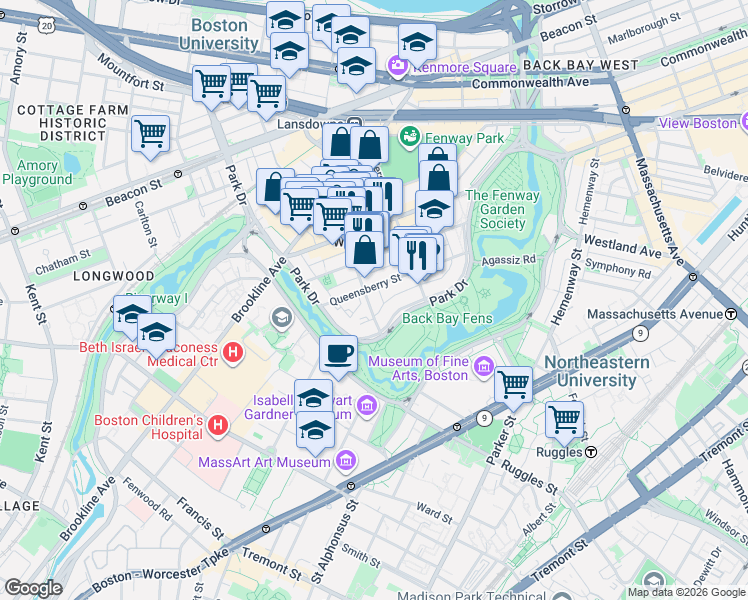 map of restaurants, bars, coffee shops, grocery stores, and more near 108 Kilmarnock Street in Boston