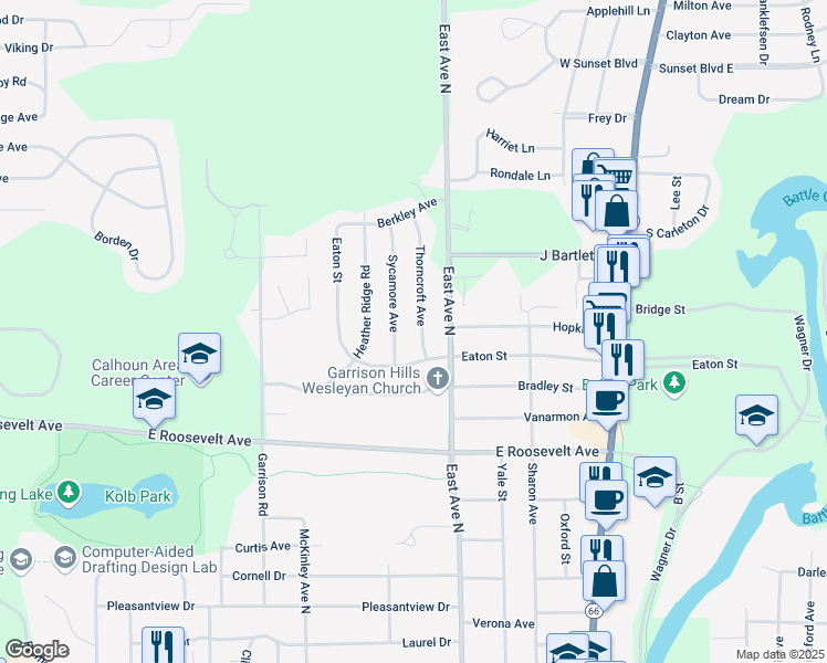map of restaurants, bars, coffee shops, grocery stores, and more near 19 Thorncroft Avenue in Battle Creek