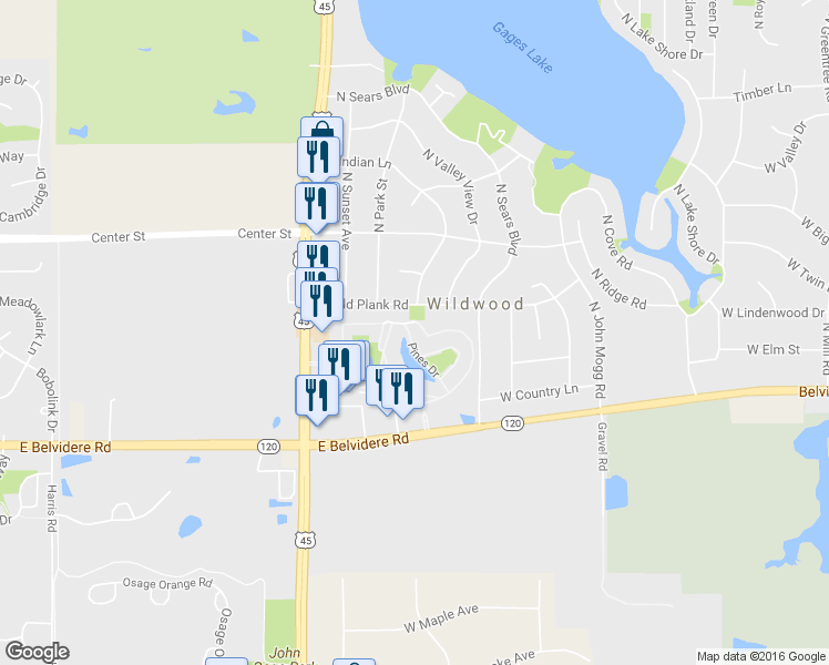 map of restaurants, bars, coffee shops, grocery stores, and more near 1915 Country Drive in Grayslake