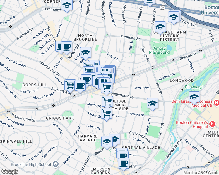 map of restaurants, bars, coffee shops, grocery stores, and more near 1335 Beacon Street in Brookline