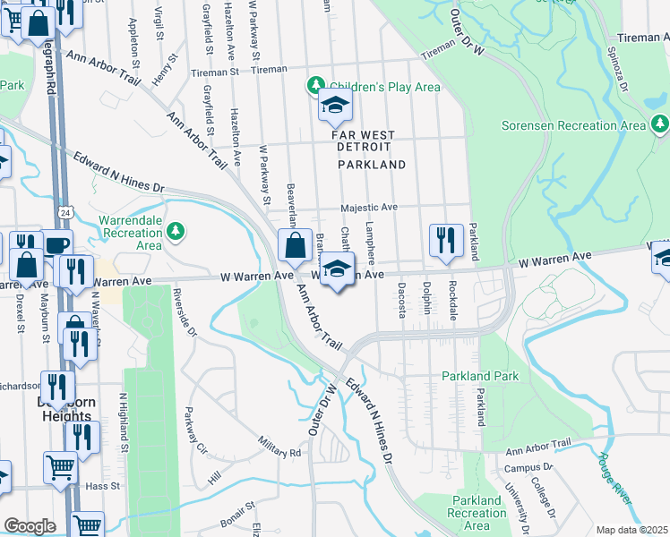 map of restaurants, bars, coffee shops, grocery stores, and more near 22530 W Warren Ave in Redford Charter Township