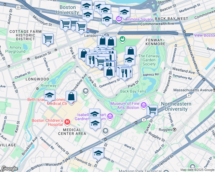 map of restaurants, bars, coffee shops, grocery stores, and more near 98 Queensberry Street in Boston