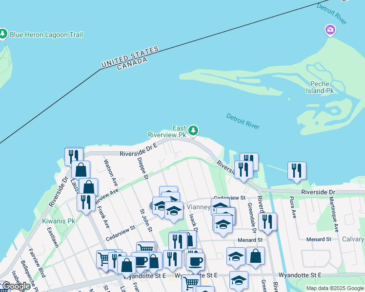 map of restaurants, bars, coffee shops, grocery stores, and more near 8717 Riverside Drive East in Windsor