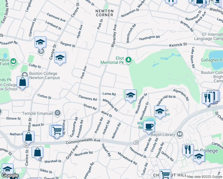 map of restaurants, bars, coffee shops, grocery stores, and more near 40 Montrose Street in Newton