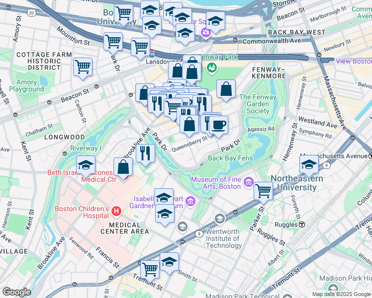 map of restaurants, bars, coffee shops, grocery stores, and more near 98 Queensberry Street in Boston
