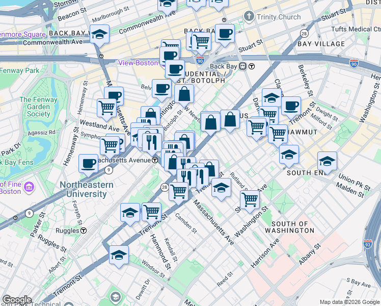 map of restaurants, bars, coffee shops, grocery stores, and more near 529 Columbus Avenue in Boston
