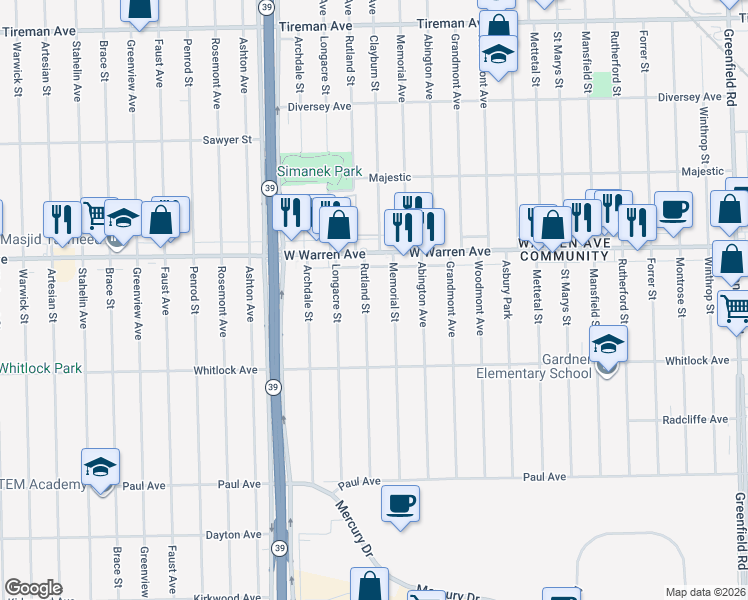 map of restaurants, bars, coffee shops, grocery stores, and more near 6857 Rutland Street in Detroit