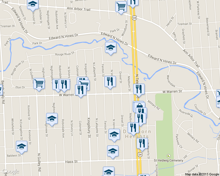 map of restaurants, bars, coffee shops, grocery stores, and more near 7235 North Vernon Street in Dearborn Heights