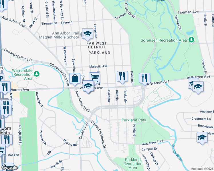 map of restaurants, bars, coffee shops, grocery stores, and more near 22302 West Warren Avenue in Detroit