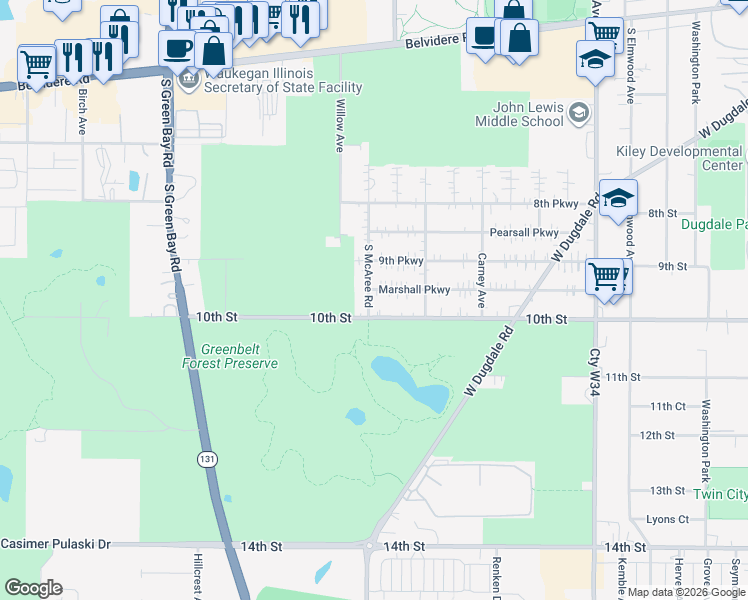 map of restaurants, bars, coffee shops, grocery stores, and more near 927 South McAree Road in Waukegan
