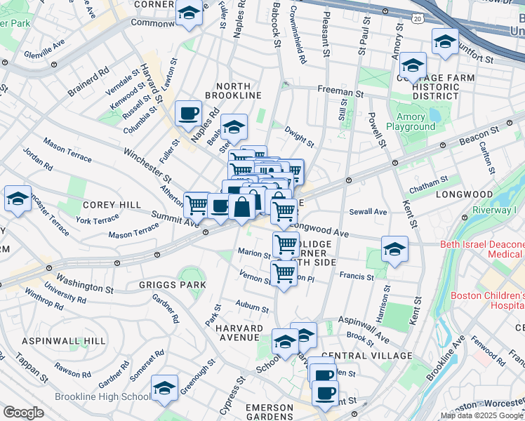map of restaurants, bars, coffee shops, grocery stores, and more near 1352 Beacon Street in Brookline