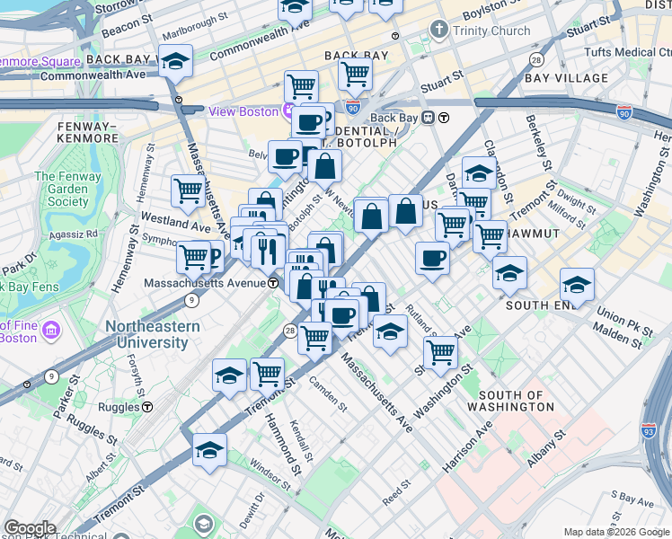 map of restaurants, bars, coffee shops, grocery stores, and more near 525 A Columbus Avenue in Boston