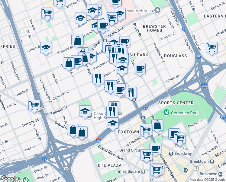 map of restaurants, bars, coffee shops, grocery stores, and more near 2734 Park Avenue in Detroit